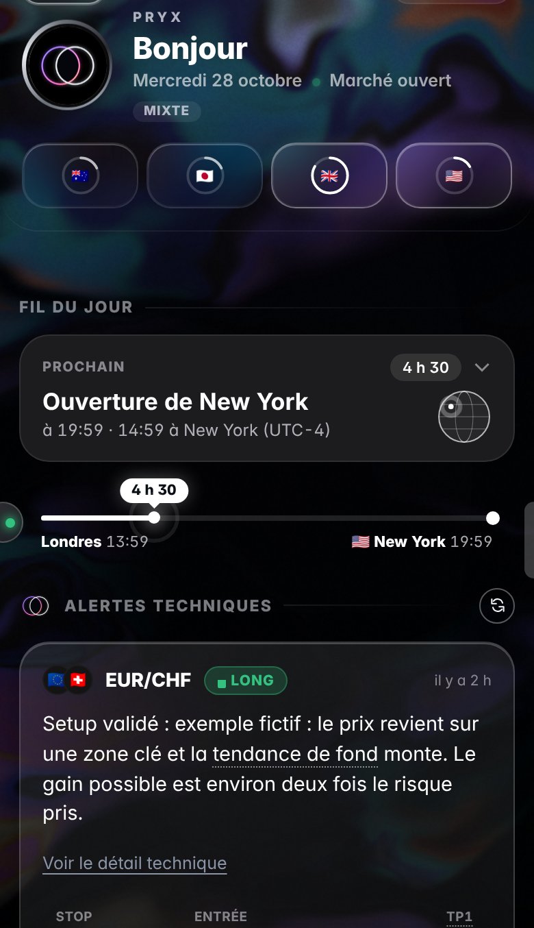 Écran d'accueil de l'application PRYX